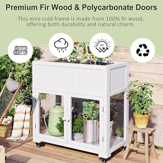 Patio 35.4''x17.7''x37.4'' Wood Cold Frame Compact 2 Doors GGreenhouse with Wheels Raised Bed with Liner for Indoor Outdoor Use White
