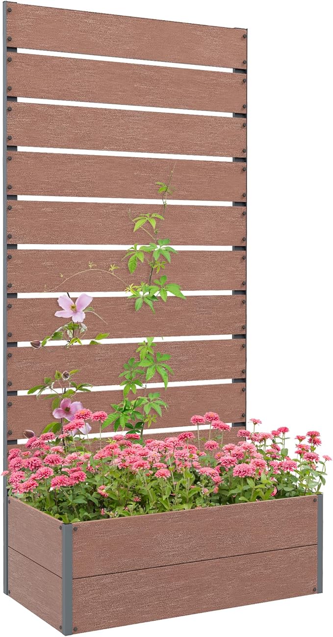 Outsunny Raised Garden Bed with Trellis for Climbing Plants Planter Box with Self Draining Gap Freestanding Trellis Planter for Outdoor Patio Deck 28.25 x 15 x 59 Brown