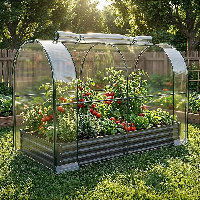 SUNYRISY Galvanized Raised Garden Bed with Greenhouse Outdoor Metal Planter Box Kit with Bed Cover Garden Box Protection for Gardening Vegetables Flowers Herbs Planting Black