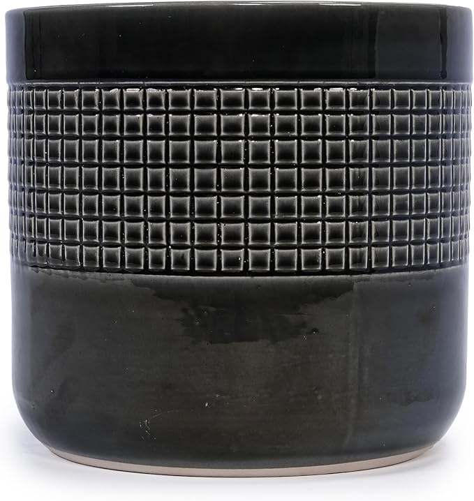 Handmade Black Glazed Ceramic Planter Set of 3 9 7 6 Diameter Grid Pattern for Succulents Cacti IndoorOutdoor Shelf Table Use Porous Clay with Drainage Holes