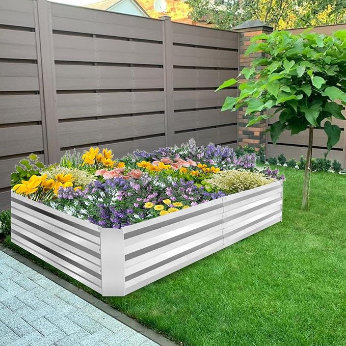 Garden Bed Galvanized Garden Bed 6x3x1 ft Raised Garden Bed with Metal Pole Reinforcement for Flower Planters Vegetables and Herbs (Silver)