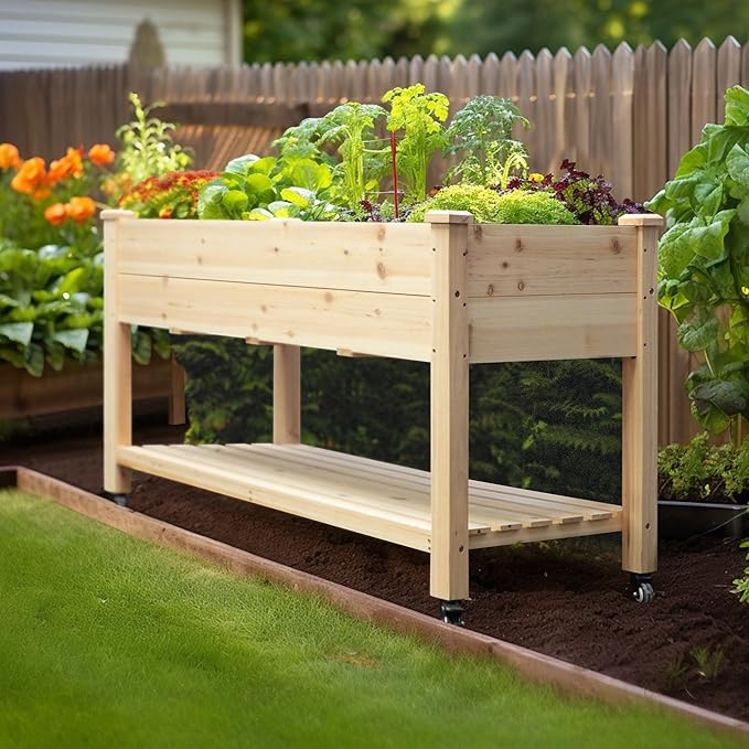 BlueWish 48 W x 24 D x 33 H Planter Boxes Outdoor Cedar Garden Bed with Detachable Black Liner Drainage Holes Storage Shelf Raised Beds for Gardening Vegetable Flower
