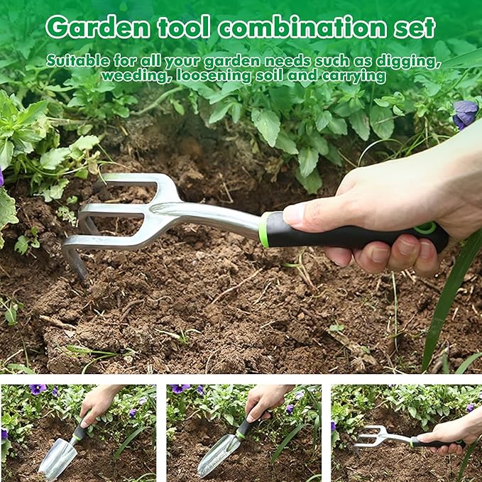 Garden Tool Set with Tote Bag 9-Piece Aluminum Hand Tools Including Pruning Shears Spade Rake &amp Gloves for Digging Weeding &amp Transplanting