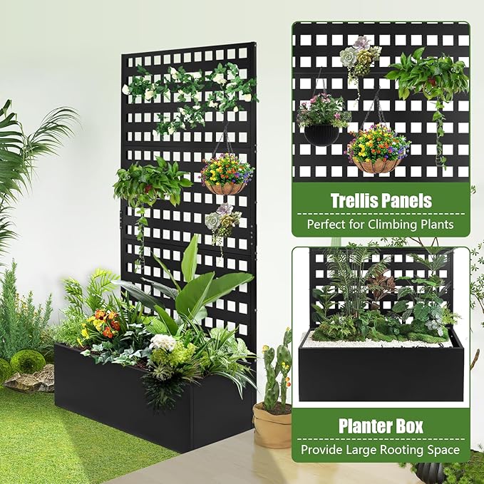 Metal Planter Box with Trellis 35''Lx18''Wx71''H Raised Garden Bed with Trellis for Climbing Plants with Privacy Screen Planter with Trellis &ampDrainage Holes Privacy Planters (35''Lx18''Wx71''H)
