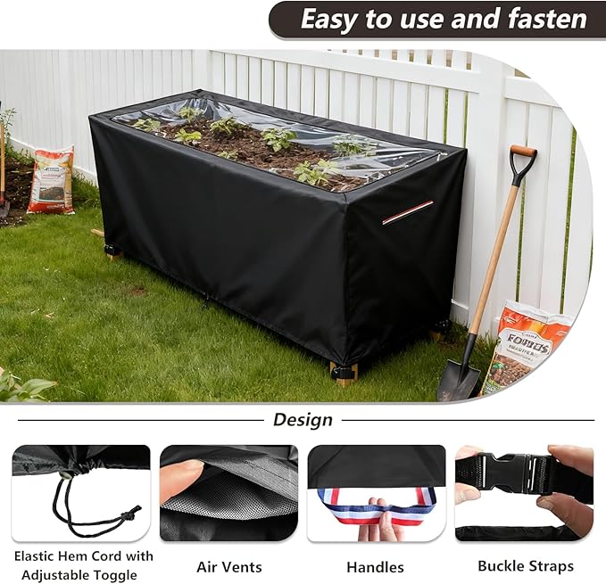 Spring Outdoor Raised garden bed cover With Transparent PVC Top WindowWaterproof Heavy Duty Covers with Split Zipper for 48 x 24 x 30 inch Elevated Wood Planter Box Stand(BlackCover only) ﻿