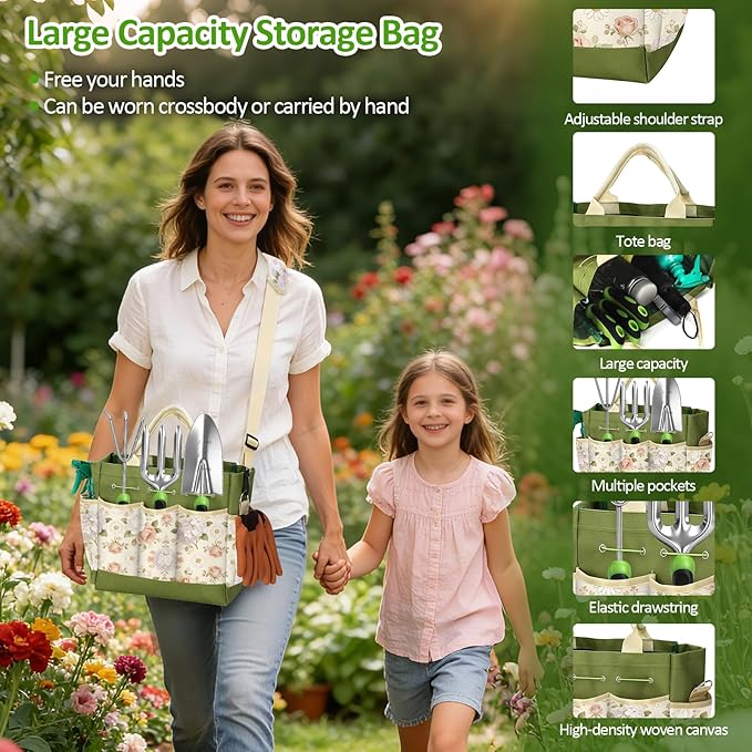 Gardening Tools SetOPPSIUE 9 Pcs Heavy Duty Stainless Steel Gardening Hand Tool Kit with Rubber Non-Slip Handlewith Shoulder Crossbody/Tote BagIdeal Gifts for Women and Men