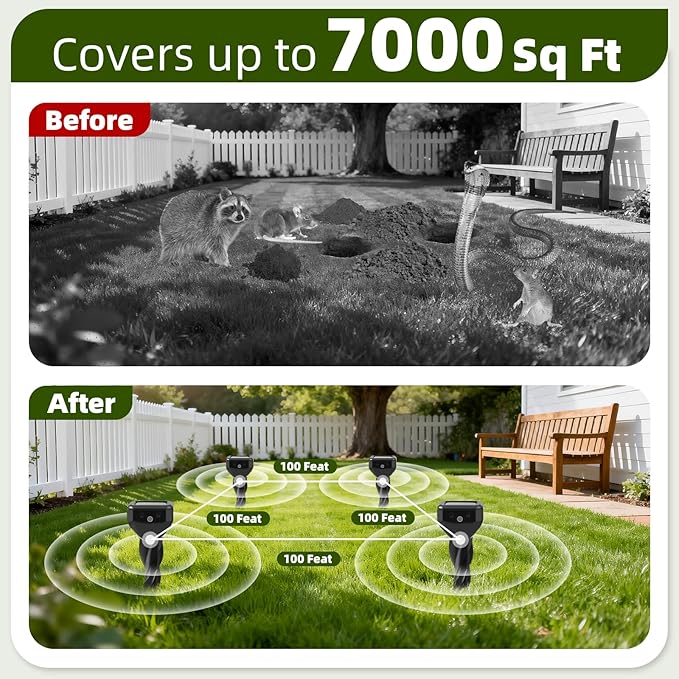 2026 Upgraded Mole &amp Snake &amp Skunk &amp Rabbit Repellent Solar Powered Ultrasonic Deterrent IP65 Waterproof Effective Get Rid of Gopher Raccoon Vole Groundhog Chipmunk for Yard Lawn Garden