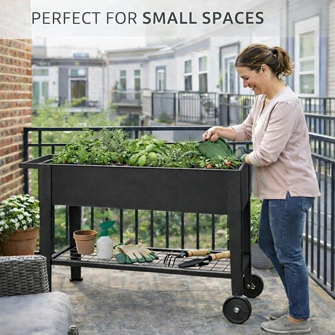 InSideOut Elevated 40 Raised Garden Bed Outdoor with Wheels &amp Shelf for Mobility Metal Planter Box for Vegetables/Herbs Patio-Balcony-Backyard (Charcoal)