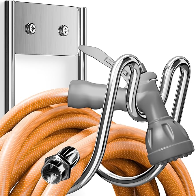 Stainless Steel Garden Hose Holder - Silver SS304 Water Hose Holder - Wall Mounted Hose Hanger Heavy Duty for Water Hose Extension Cords Vacuum Hose Anti-Rust (1 Pack)