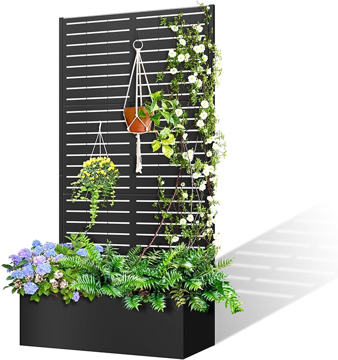 71x35x16 Metal Planter Box with Trellis Raised Garden Bed Trellis with Planter Box &amp Privacy Screen Outdoor Raised Garden Bed for Climbing Plants Vegetable Vines (Black Louvered)