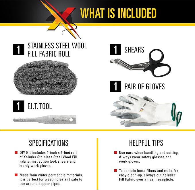 Xcluder Rodent Control Fill Fabric Large DIY Kit with Inspection and Fit Tool Stainless Steel Wool Stops Rats and Mice