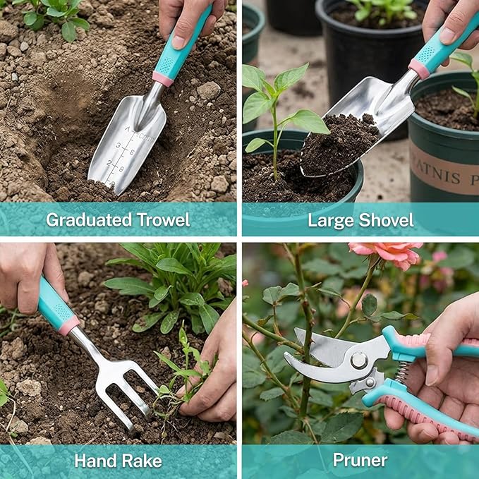 Gardening Tools Kit - 27PCS Heavy Duty Gardening Tool Starter Set with Non-Slip Rubber Handle Ideal Gifts for Women and Men