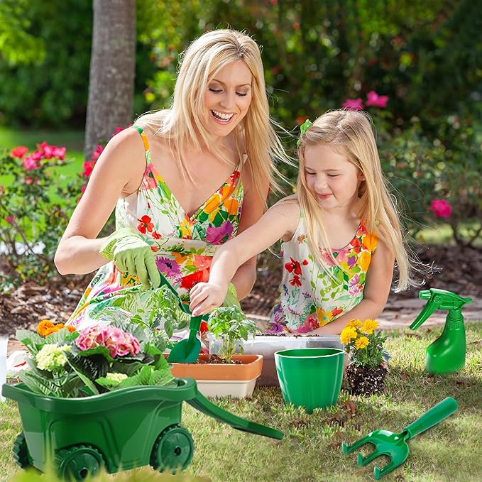 Duckura Kids Gardening Tools Set - 10pcs Wheelbarrow Set for Kids with Shovel Rake Leaf Rake Summer Outdoor Yard Digging Weed Toys Easter Birthday Gifts for Boys Girls Age 2 3+ Years(Green)