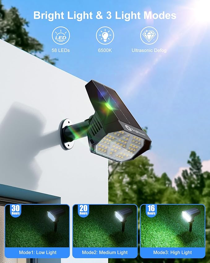 Brightown 4Pack Solar Spot Lights Outdoor with 58 LED &amp 1800mAh IP67 Solar Lights Outdoor Waterproof with 3 Light Modes 2-in-1 Dual Use Outdoor Solar Lights for Yard Garden and Pathway (Cool Wh