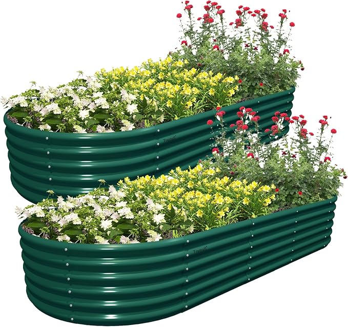 2 Packs 8x3x1.5FT Galvanized Raised Garden Bed Kit Oval Metal Ground Planter Box Outdoor Bottomless Planter Raised Beds for Vegetables Flowers Herbs Fruits Green