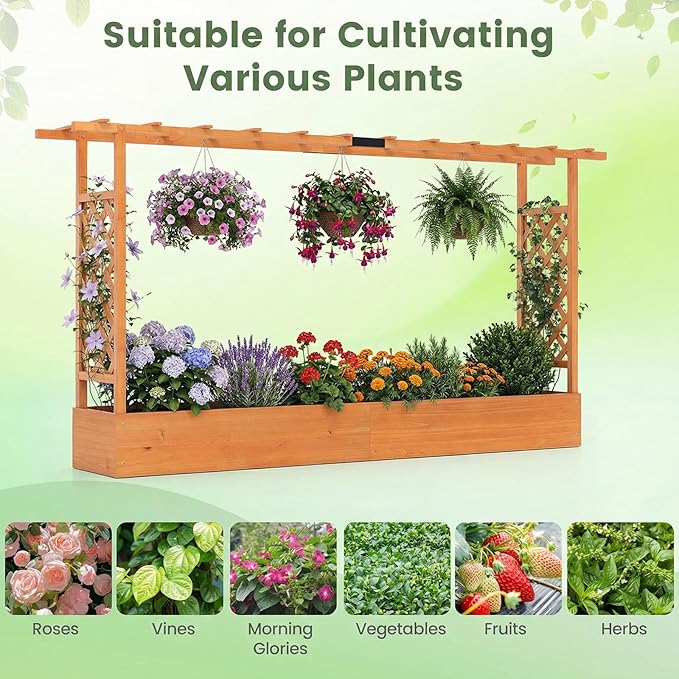 Giantex Wooden Raised Garden Bed with Trellis &amp Hanging Roof 2 Pack Fir Wood Planter Box 45” Freestanding Elevated Garden Bed for Outdoor Climbing Plants Vegetables Flowers Patio &amp Balcony