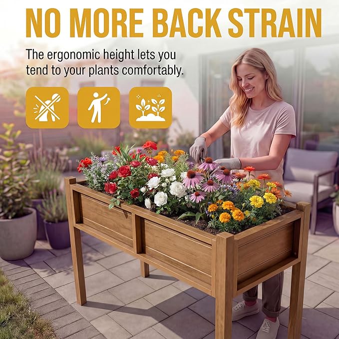 DWVO Raised Garden Bed HDPE with Legs Poly-Wood Weatherproof Elevated Planter Box Outdoor with Drainage System Patio Planters for Herbs Vegetables Flowers Plant Bed for Garden Balcony Backyard Teak