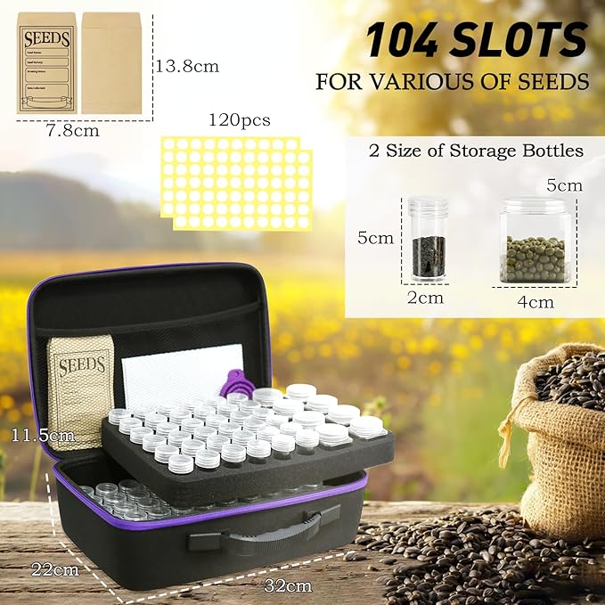104 Slots Seed Storage Organizer Box with 20 Envelopes Garden Seed Containers 1 oz 5 oz with Labels Seed Packet for Plant FlowerVegetable Seeds