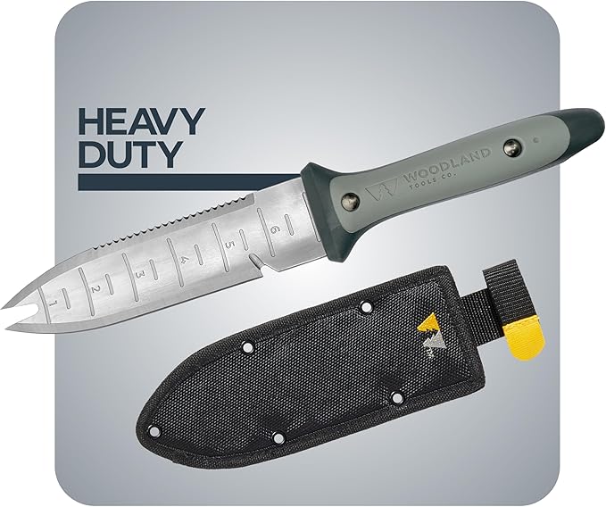 WOODLAND TOOLS Heavy Duty Hori Hori Garden Knife - Stainless Steel Soil Knife with Serrated Edge Depth Markings and Ergonomic Grip Multi-Use Weeding and Digging Tool with Sheath for Gardening