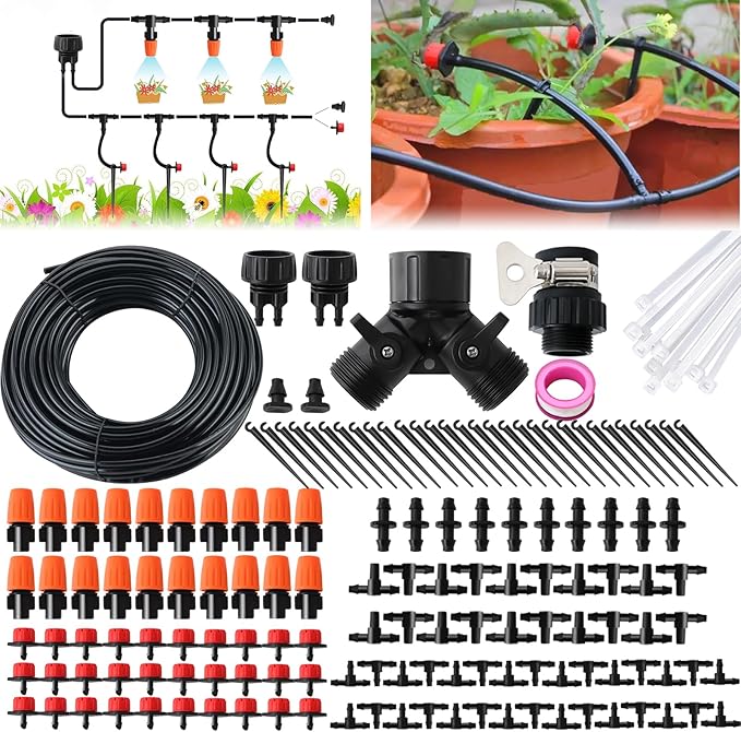 Drip Irrigation Kit Garden Irrigation System 1/4 Blank Distribution Tubing Watering Drip Kit/DIY Saving Water Automatic Watering System for Garden Greenhouse Flower Bed Patio Lawn