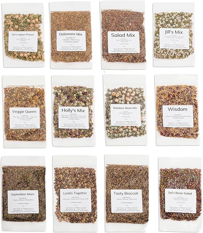 The Sprout House Assorted Mix Sprouting Seeds - Grow Fresh Sprouts &amp Bean Sprouts at Home Organic Non-GMO Nutrient-Packed for Salads Sandwich &amp Smoothies Premium 12 Pack | 2 oz Each