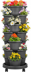 VECELO 7 Tier Vertical Garden Planter Self Watering Stackable Planters with Wheels for Strawberries Herbs Flowers Vegetables Dark Gray