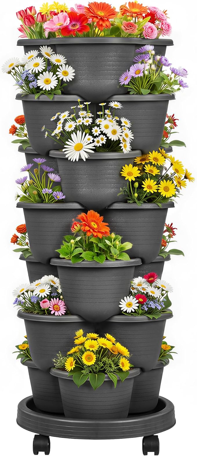 VECELO 7 Tier Vertical Garden Planter Self Watering Stackable Planters with Wheels for Strawberries Herbs Flowers Vegetables Dark Gray