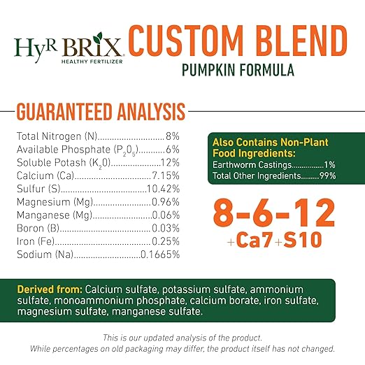 HyR BRIX Custom Blend 8-6-12 Pumpkin Fertilizer 45lb Bag - Balanced Nutrient Formula with Calcium &amp Sulfur Slow-Release Granular - One Application Covers 2142 Square Feet