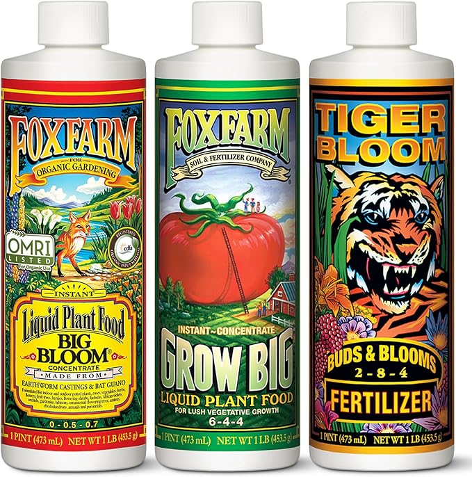 FoxFarm Soil Liquid Trio Pack - Big Bloom Grow Big Tiger Bloom Fertilizers for Vigorous Plant Growth Bud Development &amp Abundant Fruit - Complete Liquid Plant Food Set - 3 Pint Bottles