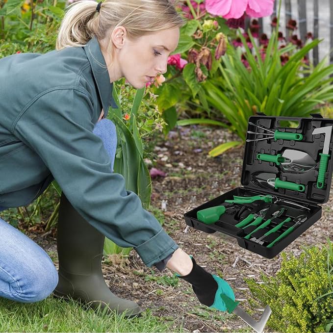 Gardening Tool Set 11 Pieces Gardening Tools with Carrying Case Garden Tool Kit for Digging Planting Pruning Unique Gardening Set with Gloves for Women and Men (Green)