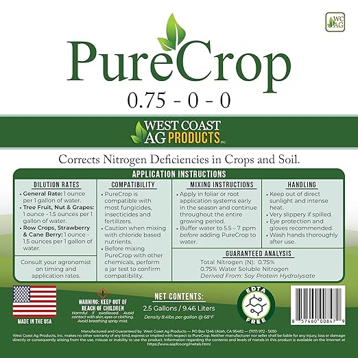 PureCrop – All-Crop Plant-Based Fertilizer &amp Spray Concentrate | Corrects Nitrogen Deficiency | Compatible with All Crops | Sustainable Formula | 0.75% Nitrogen | Made in The USA (2.5 gallons)