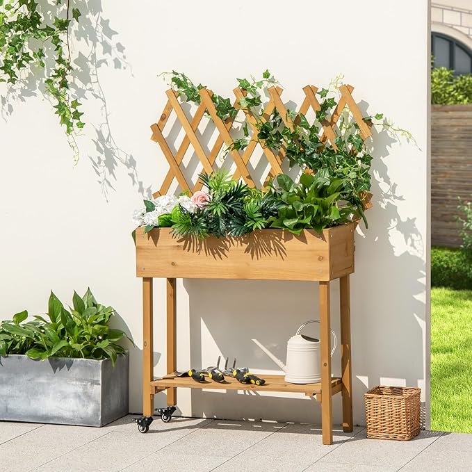 Giantex Raised Garden Bed on Wheels Rolling Planter Boxes with Trellis Storage Shelf &amp Black Liner Indoor Outdoor Wood Raised Bed for Flower Climbing Vine 36”x12”x51”