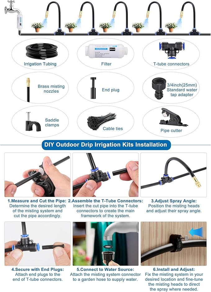 Mornajina Automatic Drip Irrigation Kits Garden Irrigation System Includes Calcium Inhibitor Filter &amp 66FT 5/16 inch Irrigation Tubing Hose &amp 20Pcs 360° Bending Dropper Atomizing Mist Nozzles