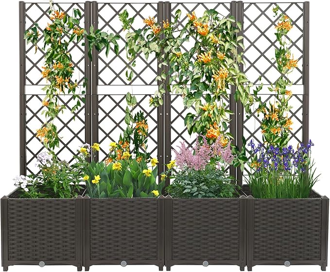 4 PCS Plastic Plant Box with Trellis for Climbing Plants Perfect Planter for Backyard Patio or Balcony – Adjustable Durable Design for Flowers Herbs and Greens