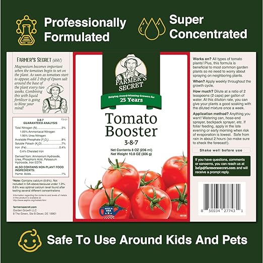 Farmer's Secret Tomato Booster Fertilizer (32oz) - Super Concentrated - 3:8:7 Ratio Fortified with Humic Acid Iron and Calcium - Grow More Tomatoes