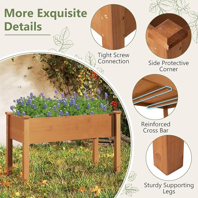 HAPPYGRILL Raised Garden Bed Outdoor Wood Garden Box w/Legs Drainage Holes Black Garden Liner Fabric Solid Wood Frame Elevated Planter Box for Backyard Patio Balcony 49” x 23” x 30” (L x W x H)