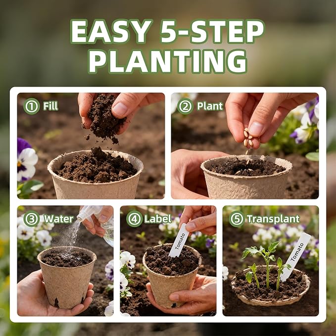 70Pcs Biodegradable 4” Peat Pots with 70Pcs Plant Labels Biodegradable Seed Starter Pots with Drainage Holes Nursery Pots for Seedlings Herbs Vegetables Flowers Gardening Kit