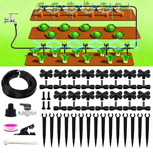 50FT Drip Irrigation System Kit Automatic Garden Watering System with 1/4 Drip Tubing &amp Quick Connect Fittings Adjustable Mist and Linear Columnar Modes for Greenhouse Raised Garden Beds Lawn