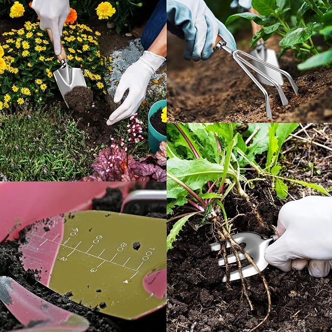 13-Piece Garden Tools Set with Tote Bag &amp Apron Repotting Mat - Stainless Steel Heavy Duty Planting Kit Ergonomic Non-Slip Handles - Gardening Gift for Women Mom Home Gardeners