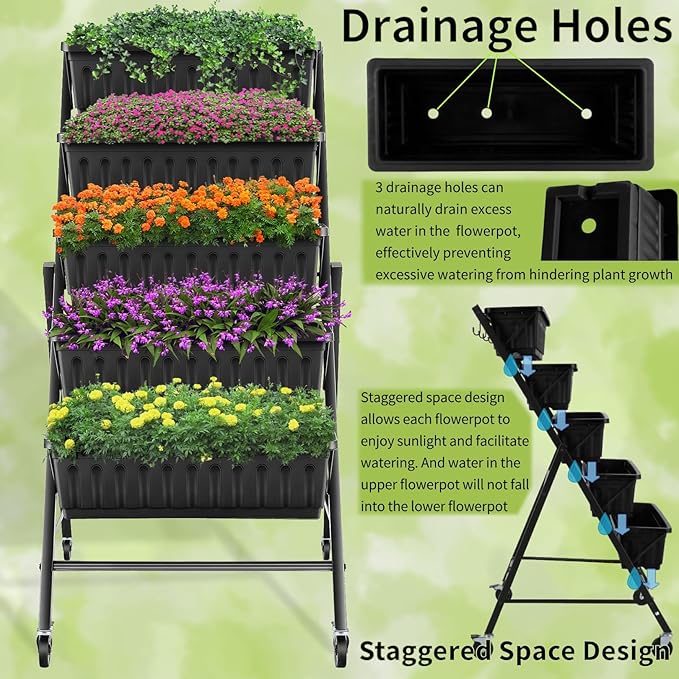 Homdox 4FT Vertical Garden Bed 5 Tiers Raised Garden Planter 25.6 * 26 * 48Inch with 4 Hooks &amp 4 Wheels Vegetable Flower Stand for Garden Patio Yard Black