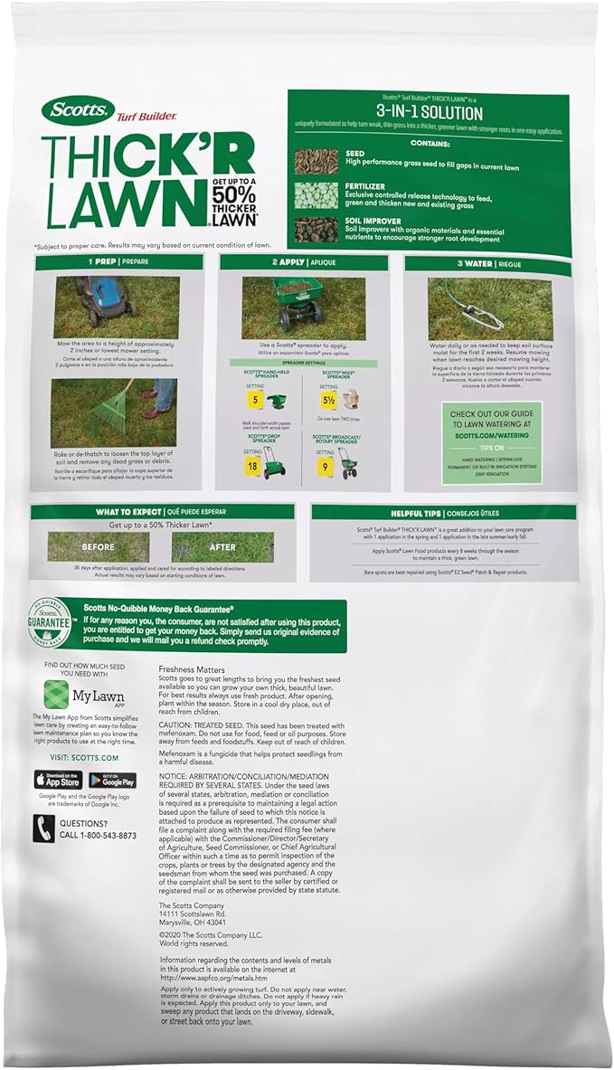 Scotts Turf Builder Thick'R Lawn Sun and Shade Combination Seed Fertilizer and Soil Improver Thickens Thin Grass 40 lbs.