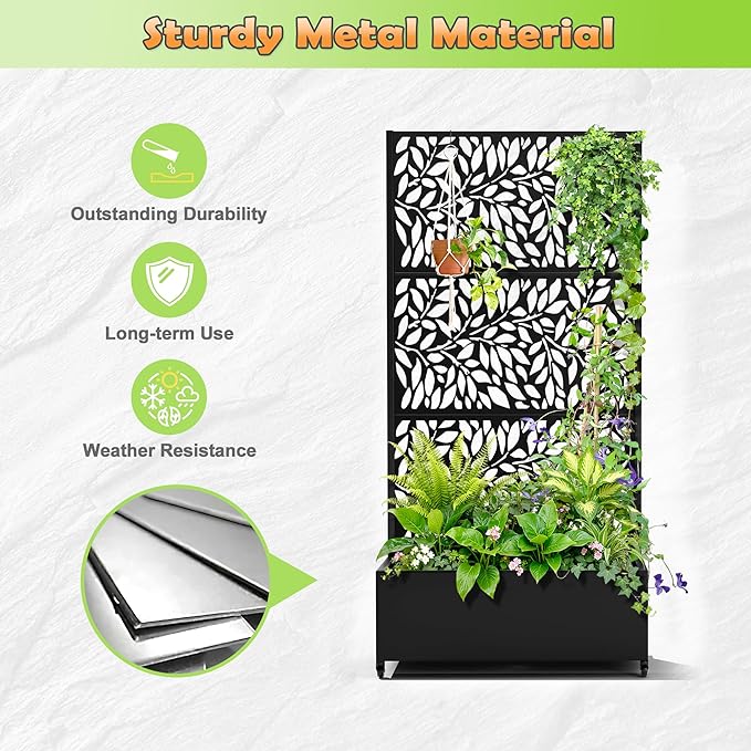 Metal Raised Garden Bed with Trellis 2 in 1 Trellis with Planter Box &amp Privacy Screen for Climbing Plants Vine Outdoor Standing Flower Beds with Drainage Holes 35.4L x 15.7W x 70.10H(Black