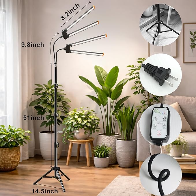 61'' Grow Light Floor Lamp6000K White Full Spectrum Growing Light for Indoor Tall Large PlantsHalf or Full Brightness Dimmable &amp Auto TimerAdjustable Height 17-61
