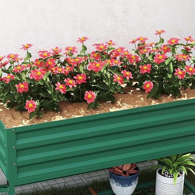 Outsunny Raised Garden Bed with Galvanized Steel Frame Storage Shelf and Bed Liner Elevated Planter Box with Legs for Vegetables Flowers Herbs Green