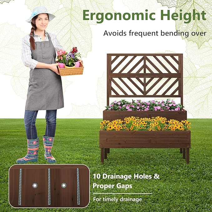 ORALNER Raised Garden Bed with Trellis 43” x 24.5” x 53” Outdoor 2-Tier Wooden Planter Box with Drainage Holes Elevated Garden Trellis Planter for Vine Flower Herb Fruit Vegetable (Brown)
