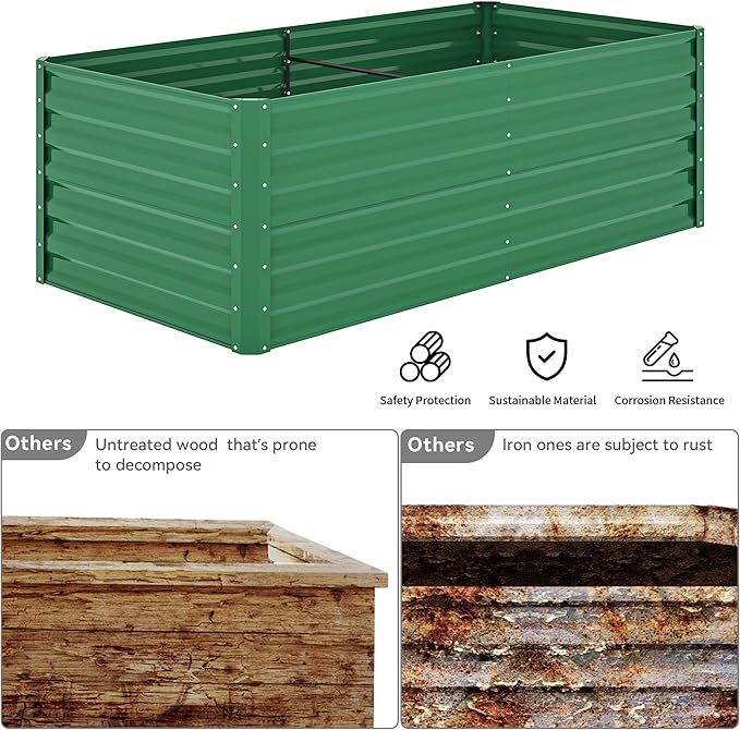 YITAHOME 6x3x2ft Raised Garden Bed Kit Galvanized Raised Bed with Gloves &amp Support Rod Outdoor Patio Planter Box for Plants Vegetables Flowers Green