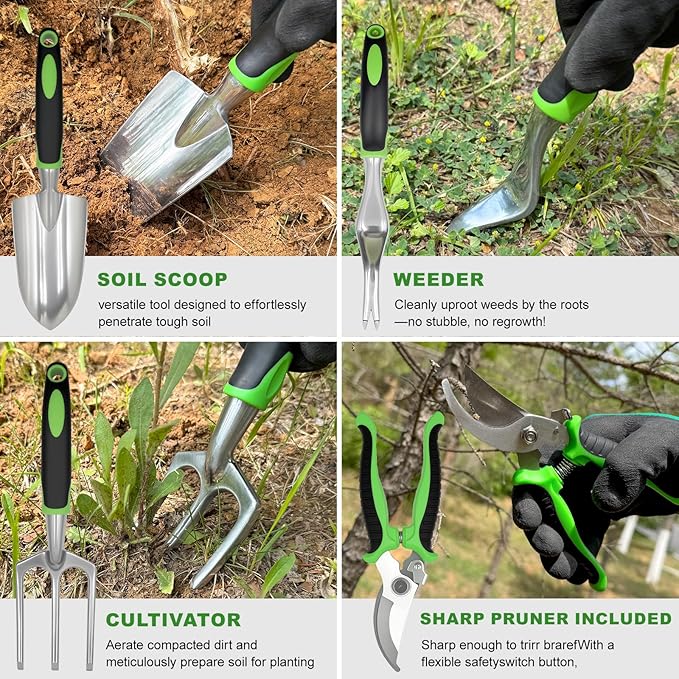 11-Piece Outdoor Gardening Tool Set Suitable for Women Seniors and Left-Handed Users Includes Tree pruners Hand rakes and a Watering can with Green Non-Slip Handles. (Gray)