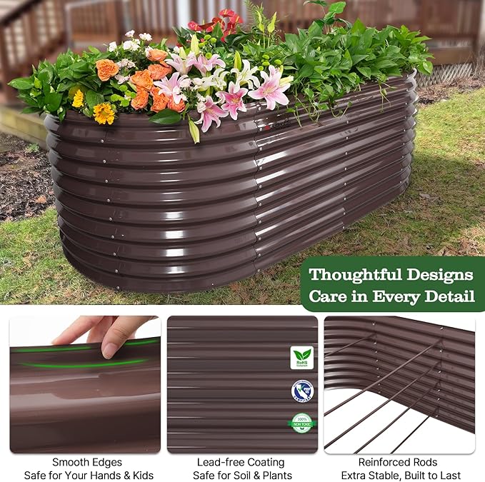 A ANLEOLIFE 30 Extra Tall Galvanized Raised Garden Beds Outdoor 8x4x2.5ft Oval Metal Planter Boxes for Planting Vegetables Flowers Fruits Eco-Safe &amp Easy Setup CaféBronze