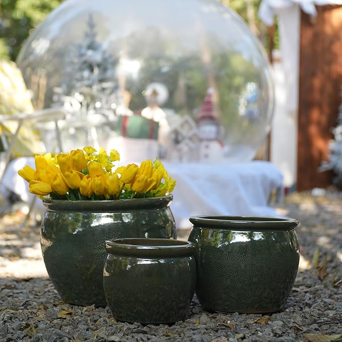 Handmade Dark Green Glazed Ceramic Planter Set of 3 15129 Inch Diameter Solid Glossy for Succulents Herbs Outdoor G Indoor Staircase Use Breathable Clay with Drainage Holes