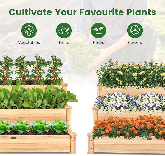 ORALNER 3-Tier Raised Garden Bed Wooden Elevated Flower Bed Planter Box Kit Outdoor Growing Planter Raised Beds for Gardening Vegetables Fruits Herbs 49 L x 49 W x 22 H Natural Brown